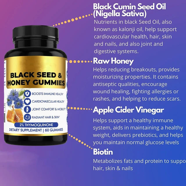 Black Seed Oil & Honey Gummies - 60 Count Immune Support with 2% Thymoquinone