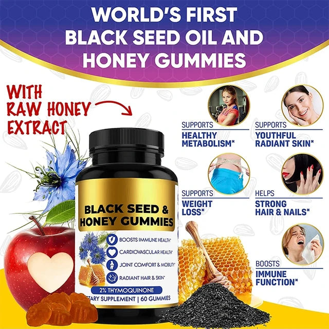 BLACK SEED OIL & HONEY GUMMIES W/ 2%+ THYMOQUINONE | Nigella Sativa Seeds| Super antioxidant for Immune Support, Joints, Digestion, Hair & Skin | 60 Gummies