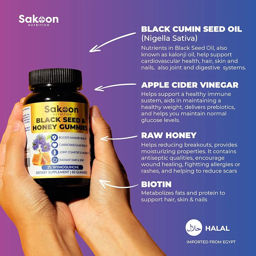 BLACK SEED OIL & HONEY GUMMIES W/ 2%+ THYMOQUINONE | Nigella Sativa Seeds| Super antioxidant for Immune Support, Joints, Digestion, Hair & Skin | 60 Gummies
