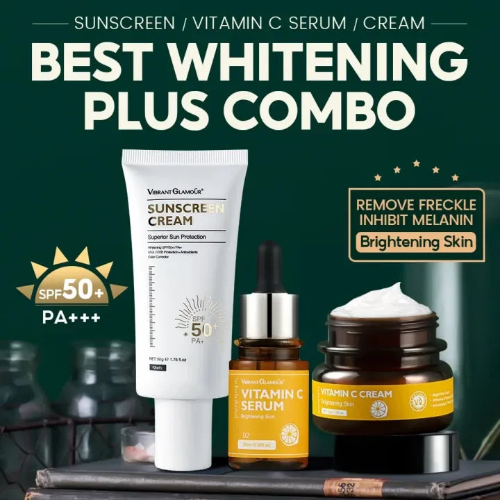 Vitamin C Skincare Set - Serum, Cream & SPF50+ Sunscreen - 3 Piece Combo