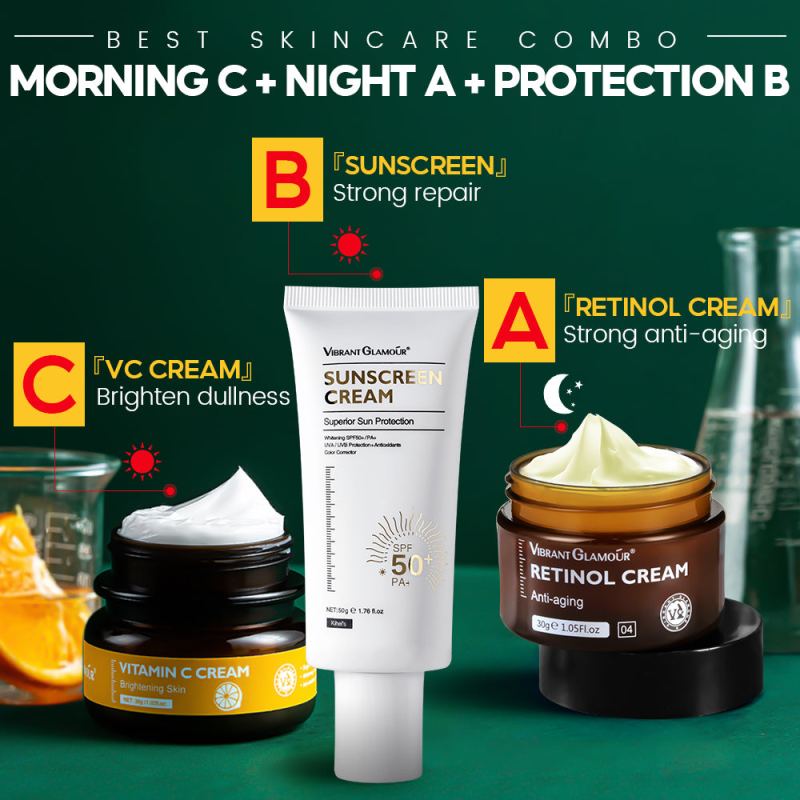 Anti-Aging Sunblock Set - Retinol Cream, Vitamin C Serum & Sunscreen - 3 Piece