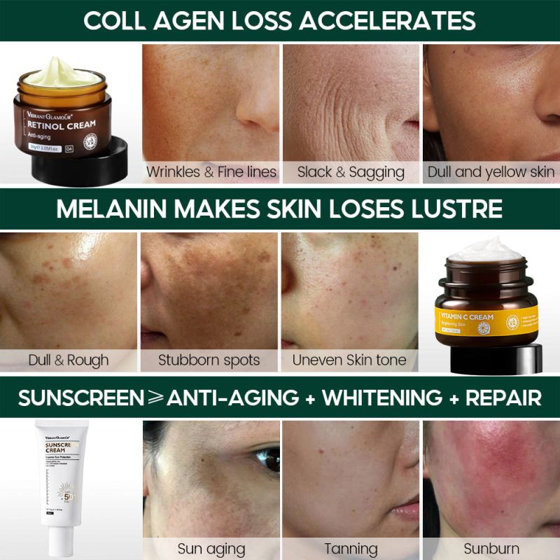 Anti-Aging Sunblock Set - Retinol Cream, Vitamin C Serum & Sunscreen - 3 Piece